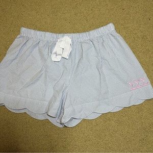 Blue and white seersucker pull on shorts with embroidered Tri Sigma letters, XXL